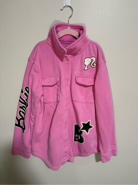 Barbie Pink Fleece Button-Up Shacket Jacket with Patch Details
